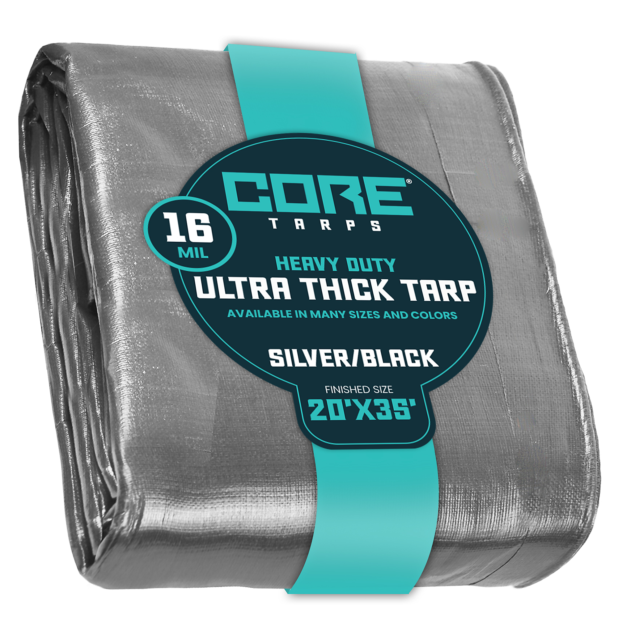 Core Tarps Extra Heavy Duty Tarp Cover — 16 Mil, 20ft. x 35ft., Waterproof, UV Resistant, Rip and Tear Proof, Poly Tarpaulin, Reinforced Edges, Silver/Black, Model# CT-301-20X35